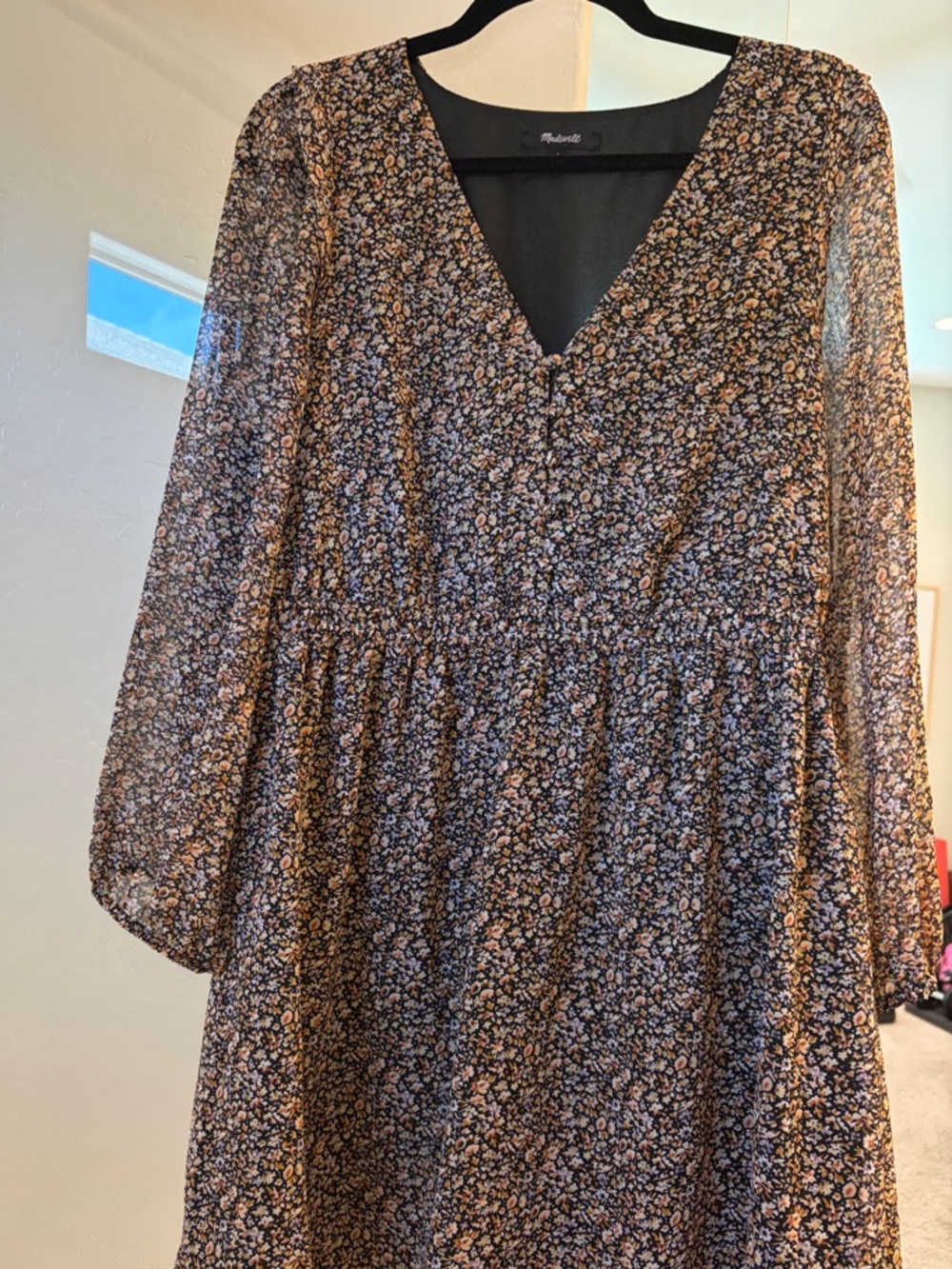 Madewell Black Floral V-Neck Babydoll Dress - Sz L